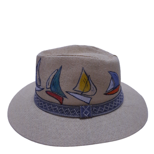 Καπέλο με βάρκες - ζωγραφισμένα στο χέρι, καπέλο, ψάθινα
