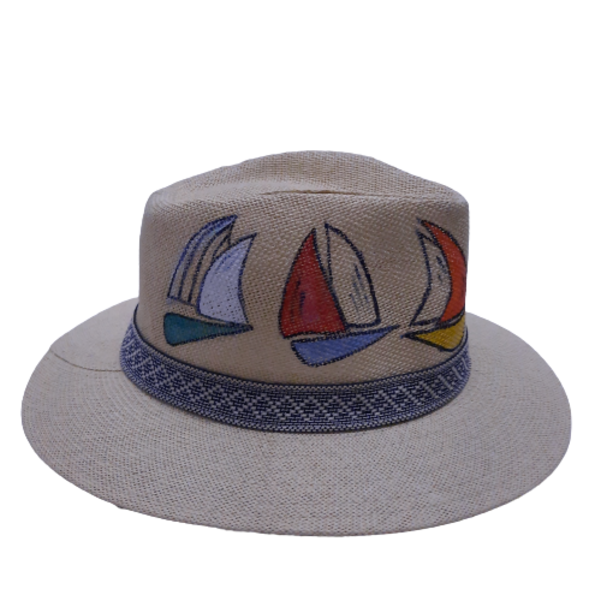 Καπέλο με βάρκες - ζωγραφισμένα στο χέρι, καπέλο, ψάθινα - 2