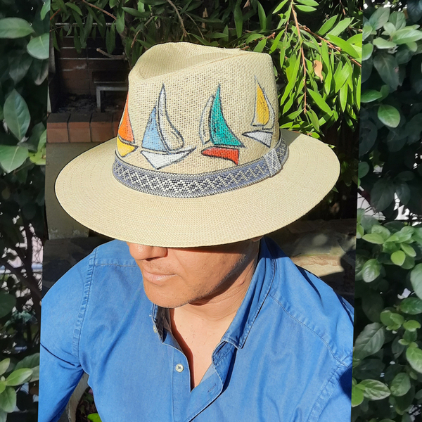 Καπέλο με βάρκες - ζωγραφισμένα στο χέρι, καπέλο, ψάθινα - 4