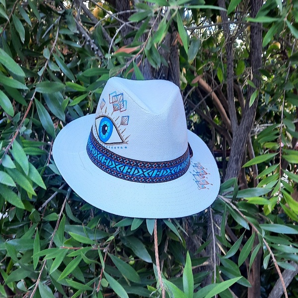 Καπέλο eye - ζωγραφισμένα στο χέρι, ethnic, ψάθινα - 3