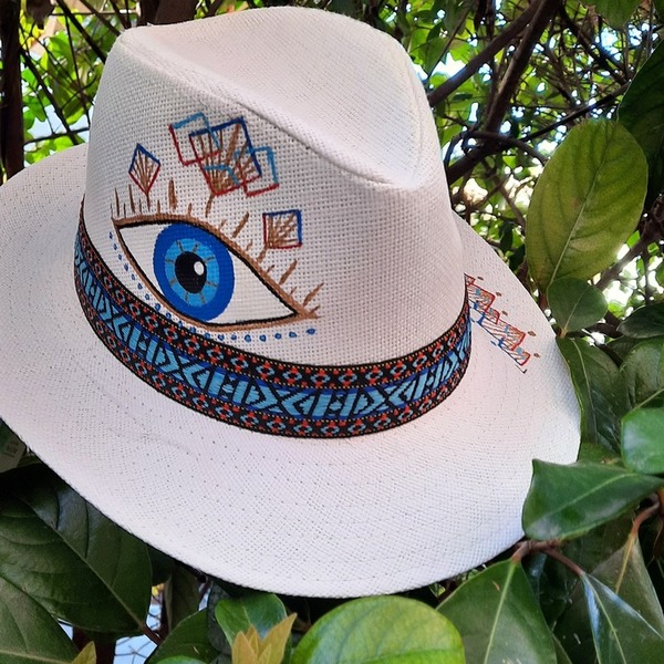 Καπέλο eye - ζωγραφισμένα στο χέρι, ethnic, ψάθινα - 4