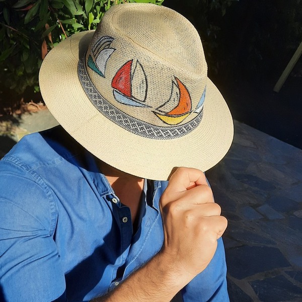 Καπέλο με βάρκες - ζωγραφισμένα στο χέρι, καπέλο, ψάθινα - 5