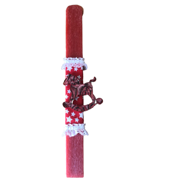 Χειροποίητη Αρωματική Λαμπάδα Κόκκινη με Ξύλινο Αλογάκι - κορίτσι, αγόρι, λαμπάδες, για παιδιά, ζωάκια - 2