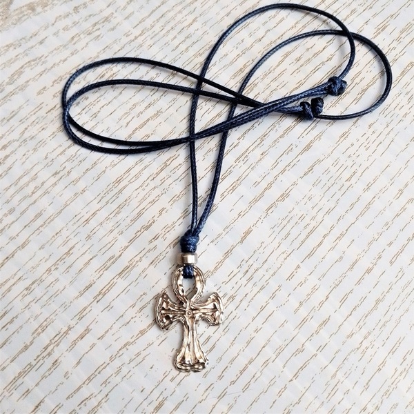 Βυζαντινός σταυρός σε μπλε snake cord, 40εκ. - κολιέ, κορδόνια, δώρα για άντρες, σταυροί - 2
