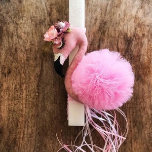 Πασχαλινη λαμπαδα Flamingo με παιώνια - κορίτσι, λαμπάδες, για παιδιά, ζωάκια - 2