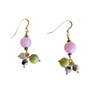 Σκουλαρίκια με ροζ νεφρίτη και πράσινο ίασπι - ασήμι, ημιπολύτιμες πέτρες, επιχρυσωμένα, κρεμαστά