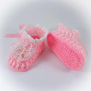 Πλεκτά λευκό-ροζ παπουτσάκια για κορίτσια/ 0-12/ Crochet white-pink booties for baby girls - κορίτσι, 0-3 μηνών, βρεφικά ρούχα - 4