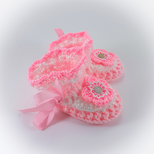 Πλεκτά λευκό-ροζ παπουτσάκια για μωρά/ 0-12/ Crochet white-pink booties for baby girls - κορίτσι, 0-3 μηνών, βρεφικά ρούχα - 3