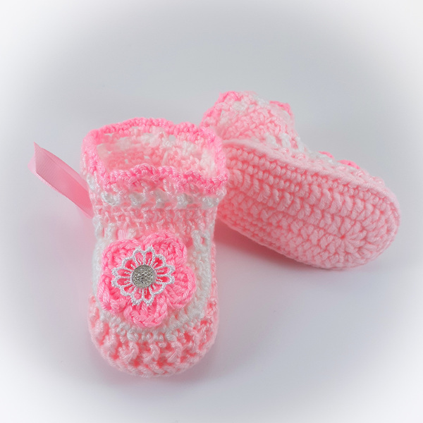 Πλεκτά λευκό-ροζ παπουτσάκια για μωρά/ 0-12/ Crochet white-pink booties for baby girls - κορίτσι, 0-3 μηνών, βρεφικά ρούχα - 2