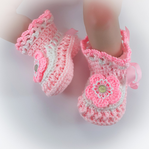 Πλεκτά λευκό-ροζ παπουτσάκια για μωρά/ 0-12/ Crochet white-pink booties for baby girls - κορίτσι, 0-3 μηνών, βρεφικά ρούχα - 4
