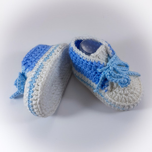 Πλεκτά λευκά-γαλάζια παπουτσάκια για αγόρια/ σπορτέξ / 0-12/ Crochet white-blue booties for a baby boy/ sneakers - αγόρι, 0-3 μηνών, βρεφικά ρούχα - 2