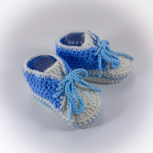 Πλεκτά λευκά-γαλάζια παπουτσάκια για αγόρια/ σπορτέξ / 0-12/ Crochet white-blue booties for a baby boy/ sneakers - αγόρι, 0-3 μηνών, βρεφικά ρούχα - 3