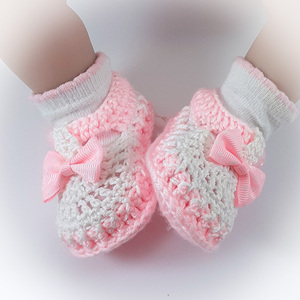 Πλεκτά λευκό-ροζ παπουτσάκια με φιογκάκια για κορίτσια/ 0-12/ Crochet white-pink booties with bows for baby girls - κορίτσι, βρεφικά ρούχα - 4