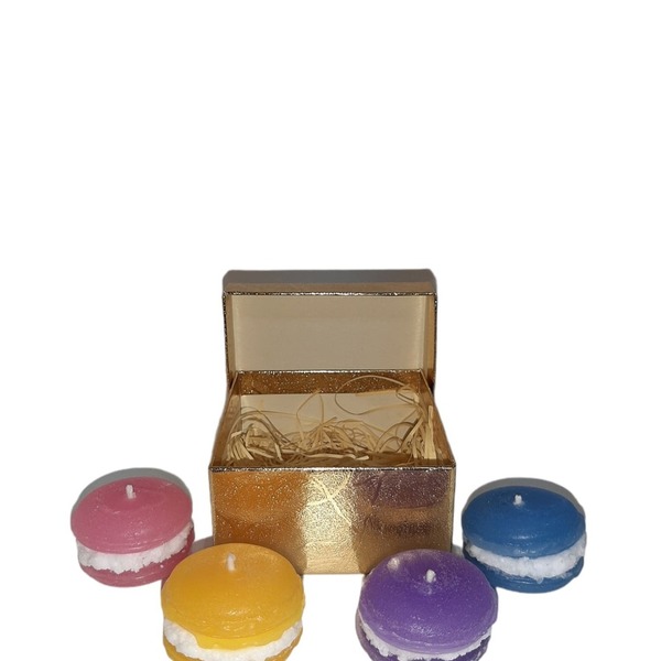 Κερί Χειροποίητο Αρωματικό Macarons Μωβ-Ροζ-Κίτρινο-Μπλε Σετ των 4 τμχ 4x2,5cm/τμχ - αρωματικά κεριά