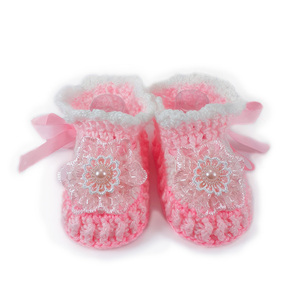 Πλεκτά λευκό-ροζ παπουτσάκια για κορίτσια/ 0-12/ Crochet white-pink booties for baby girls - κορίτσι, 0-3 μηνών, 3-6 μηνών, βρεφικά ρούχα