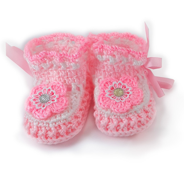 Πλεκτά λευκό-ροζ παπουτσάκια για μωρά/ 0-12/ Crochet white-pink booties for baby girls - κορίτσι, 0-3 μηνών, βρεφικά ρούχα