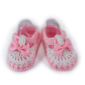Πλεκτά λευκό-ροζ παπουτσάκια με φιογκάκια για κορίτσια/ 0-12/ Crochet white-pink booties with bows for baby girls - κορίτσι, βρεφικά ρούχα
