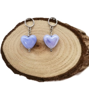 Σκουλαρίκια με κεραμική χάντρα καρδιά Λιλά - καρδιά, μικρά, ατσάλι, κρεμαστά