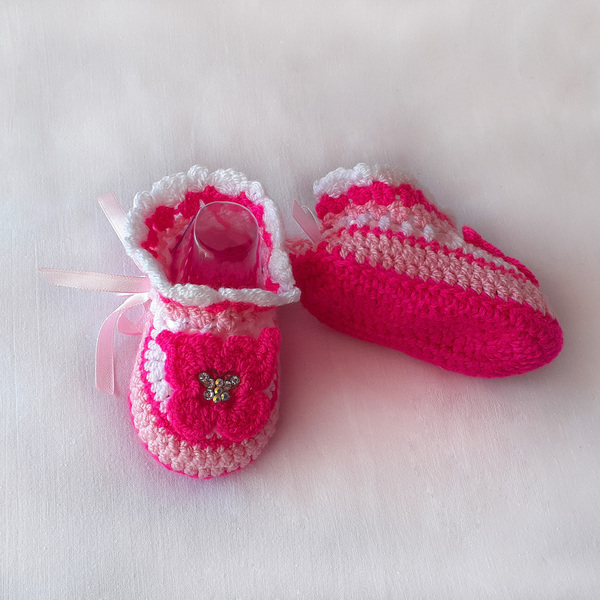 Πλεκτό σετ ροζ-φουξία-λευκό για κορίτσια / κορδέλα, παπουτσάκια / 0-12/ Crochet pink-fuchsia-white set for a baby girl / band, booties - κορίτσι, σετ, βρεφικά ρούχα - 3