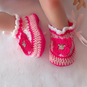 Πλεκτό σετ ροζ-φουξία-λευκό για κορίτσια / κορδέλα, παπουτσάκια / 0-12/ Crochet pink-fuchsia-white set for a baby girl / band, booties - κορίτσι, σετ, βρεφικά ρούχα - 4