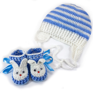 Πλεκτό σετ λευκό-μπλε για μωρά / σκουφάκι/ παπούτσια/ κουνελάκια/ 0-12/ Crochet white-blue set/ hat, booties for a baby boy/ bunnies - αγόρι, σετ, βρεφικά ρούχα