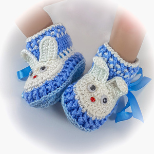 Πλεκτό σετ λευκό-μπλε για μωρά / σκουφάκι/ παπούτσια/ κουνελάκια/ 0-12/ Crochet white-blue set/ hat, booties for a baby boy/ bunnies - αγόρι, σετ, βρεφικά ρούχα - 3