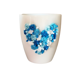 Τρισδιάστατη Χειροποίητη κούπα με πολυμερικό πηλό και σχέδιο μπλε λουλουδιών - καρδιά, δώρο, πορσελάνη, κούπες & φλυτζάνια, πολυμερικό πηλό