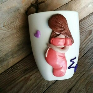 Τρισδιάστατη Χειροποίητη κούπα με πολυμερικό πηλό και σχέδιο έγκυο κοπέλα - χειροποίητα, πορσελάνη, κούπες & φλυτζάνια, πολυμερικό πηλό - 5
