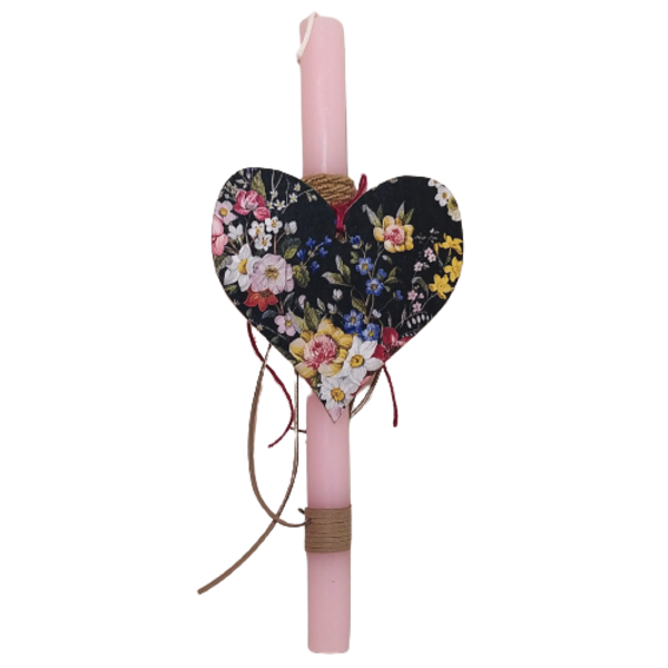 Αρωματική λαμπάδα με λουλουδένια ξύλινη καρδιά - κορίτσι, λαμπάδες, χειροποίητα, για παιδιά, για ενήλικες
