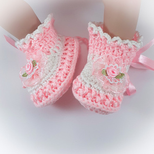 Πλεκτά λευκό-ροζ παπουτσάκια για κορίτσια/ 0-12/ Crochet white-pink booties for babies - κορίτσι, 0-3 μηνών, βρεφικά ρούχα - 4