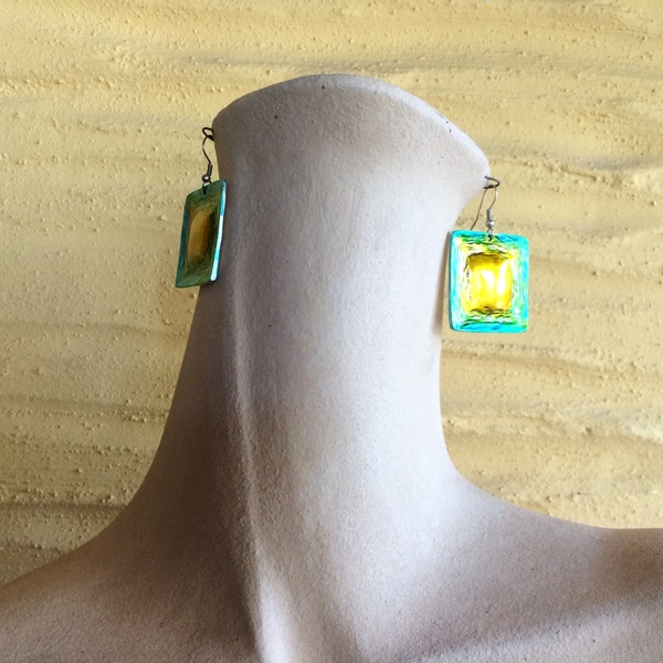 Χρωματισμένα σκουλαρίκια "Τετράγωνα -β" - αλπακάς, κρεμαστά, μεγάλα, φθηνά - 3