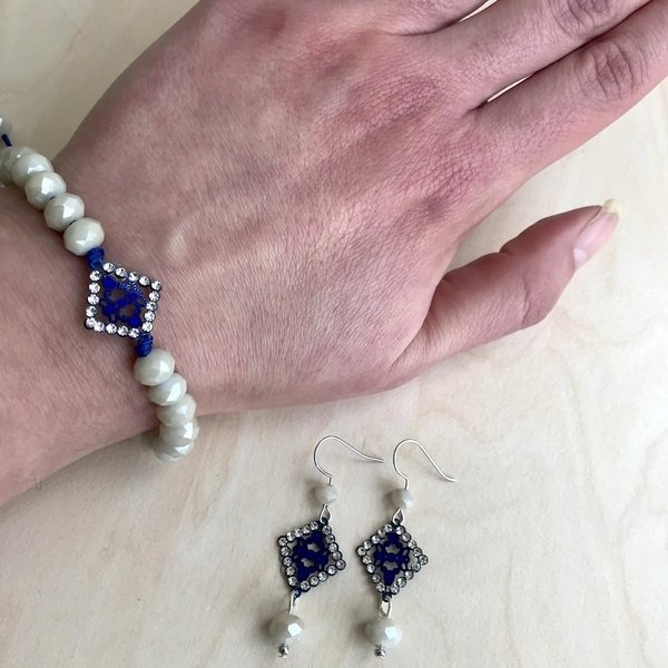 Σετ κοσμημάτων βραχιόλι σκουλαρίκια λευκό μπλε - charms, χεριού, σετ δώρου, αυξομειούμενα, σετ κοσμημάτων - 2