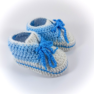 Πλεκτά λευκά-γαλάζια παπούτσια για αγόρια/ σπορτέξ / 0-12/ Crochet white-blue booties for a baby boy/ sneakers - αγόρι, βρεφικά ρούχα - 3