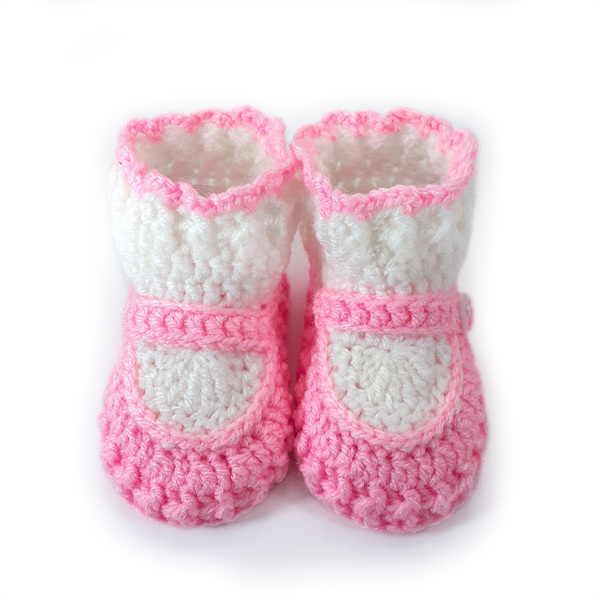 Πλεκτά λευκό-ροζ παπουτσάκια για κορίτσια/ 0-12/ Crochet white-pink booties for girls - κορίτσι, βρεφικά ρούχα