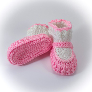 Πλεκτά λευκό-ροζ παπουτσάκια για κορίτσια/ 0-12/ Crochet white-pink booties for girls - κορίτσι, βρεφικά ρούχα - 2