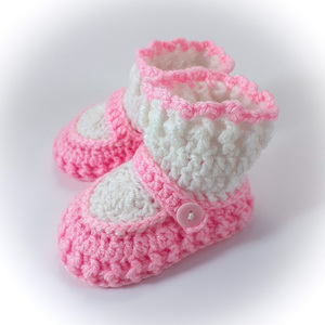 Πλεκτά λευκό-ροζ παπουτσάκια για κορίτσια/ 0-12/ Crochet white-pink booties for girls - κορίτσι, βρεφικά ρούχα - 3