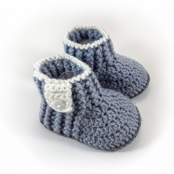 Πλεκτά λευκά-γκρι μποτάκια για αγόρια/ παπούτσια /0-12/ Crochet white-grey booties for a baby boy - αγόρι, βρεφικά ρούχα, αγκαλιάς - 2