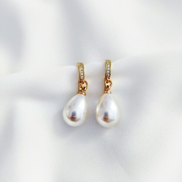 Pearl earrings σκουλαρίκια περλα σταγονα 3εκα - ημιπολύτιμες πέτρες, επιχρυσωμένα, ορείχαλκος, κρίκοι, πέρλες, faux bijoux - 2
