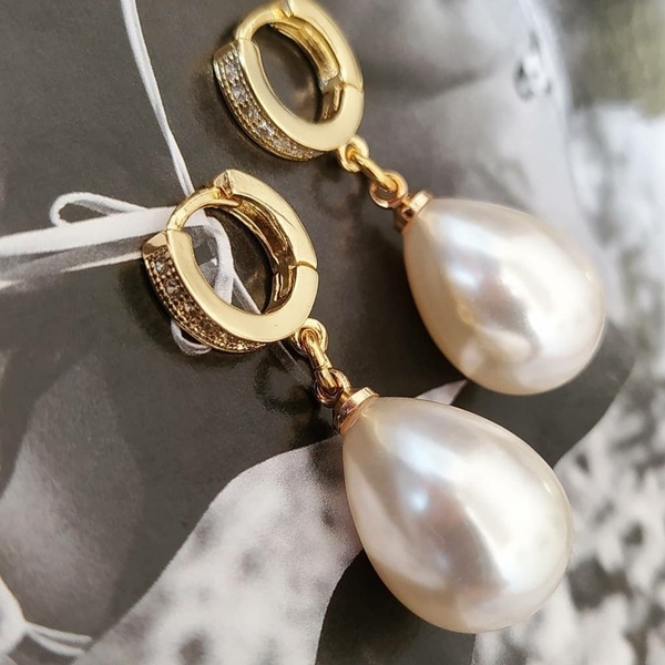 Pearl earrings σκουλαρίκια περλα σταγονα 3εκα - ημιπολύτιμες πέτρες, επιχρυσωμένα, ορείχαλκος, κρίκοι, πέρλες, faux bijoux - 3