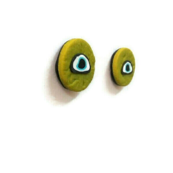 Χειροποίητα σκουλαρίκια καρφωτα σε πρασινο χρωμα με ματακια.Σκουλαρικια από πολυμερικό πηλο. Κοσμήματα με Ματάκια,,μοναδικο σχεδιο. - πηλός, μάτι, καρφωτά, μικρά, evil eye - 2