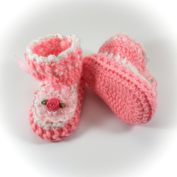 Πλεκτά λευκό-ροζ παπουτσάκια για κορίτσια/ Πλεκτά παπούτσια με λουλούδια για μωρά/ 0-12/ Crochet white-pink booties for girls - κορίτσι, βρεφικά ρούχα - 2