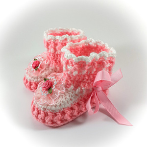 Πλεκτά λευκό-ροζ παπουτσάκια για κορίτσια/ Πλεκτά παπούτσια με λουλούδια για μωρά/ 0-12/ Crochet white-pink booties for girls - κορίτσι, 6-9 μηνών, βρεφικά ρούχα - 3