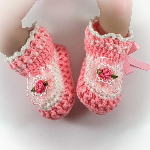 Πλεκτά λευκό-ροζ παπουτσάκια για κορίτσια/ Πλεκτά παπούτσια με λουλούδια για μωρά/ 0-12/ Crochet white-pink booties for girls - κορίτσι, βρεφικά ρούχα - 4