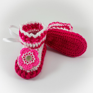 Πλεκτά λευκό-φούξια παπουτσάκια για κορίτσια/ παπούτσια για μωρά με λουλούδια/ 0-12/ Crochet white-pink booties for girls - κορίτσι, 6-9 μηνών, βρεφικά ρούχα - 2