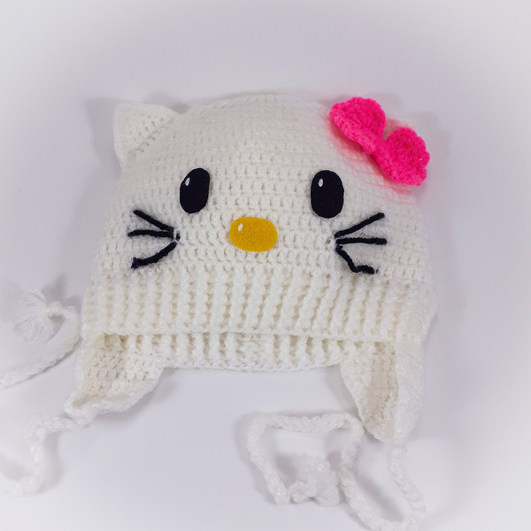 Πλεκτό λευκό σκουφάκι για κορίτσια /Hello Kitty /σκουφί για μωρό/ 0-5 ετών / Crochet white hat for a baby girl - βρεφικά ρούχα, παιδικά ρούχα, κορίτσι, 1-2 ετών - 2