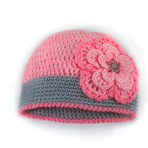 Πλεκτό ροζ-γκρι σκουφάκι για κορίτσια με λουλούδι / σκουφί για μωρό/ 0-5 ετών / Crochet pink&grey hat for a baby girl - κορίτσι, παιδικά ρούχα, βρεφικά ρούχα, 1-2 ετών