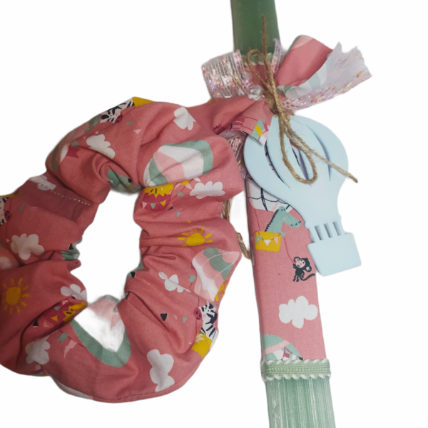 Λαμπάδα με scrunchie και θέμα το αερόστατο για κορίτσι - κορίτσι, λαμπάδες, αερόστατο, πασχαλινά δώρα - 3