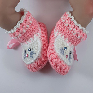 Πλεκτό ροζ σετ για κορίτσια/ Γατούλα/ σκουφάκι, παπουτσάκια/ 0-12/ γάτα/Crochet white-pink set for girls / hat, shoes/ cat - κορίτσι, σετ, βρεφικά ρούχα - 4