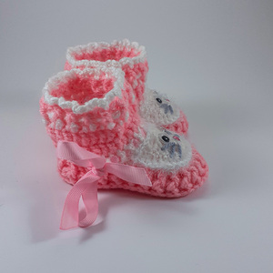 Πλεκτά ροζ παπουτσάκια για κορίτσια/ Πλεκτά παπούτσια με γατούλες για μωρά/ 0-12/ Crochet white-pink booties for girls/ kittens - κορίτσι, 6-9 μηνών, βρεφικά ρούχα - 3