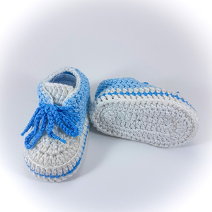 Πλεκτά παπούτσια για μωρά/ γαλάζιο με μπλε κορδόνια/ σπορτέξ / 0-12/ Crochet cream booties for a babies/ sneakers - αγόρι, δώρο για νεογέννητο, βρεφικά ρούχα - 2